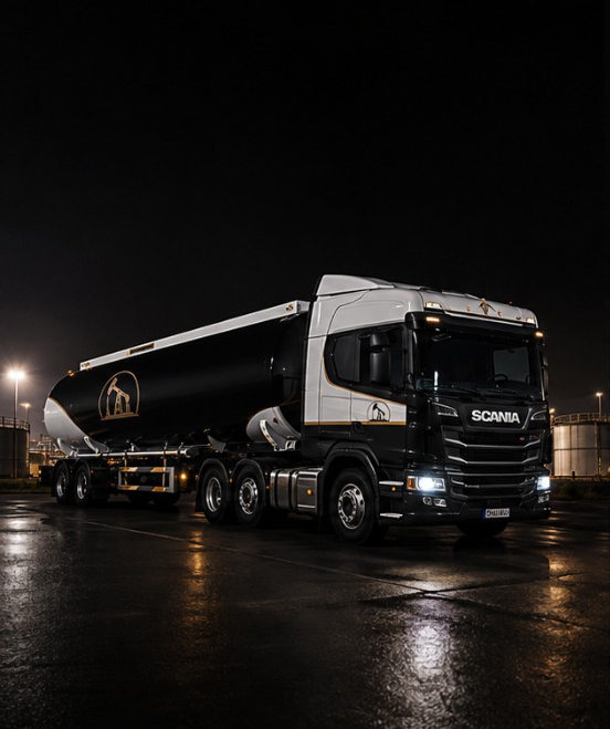 Southern Oil fuel tanker at an industrial depot at night
