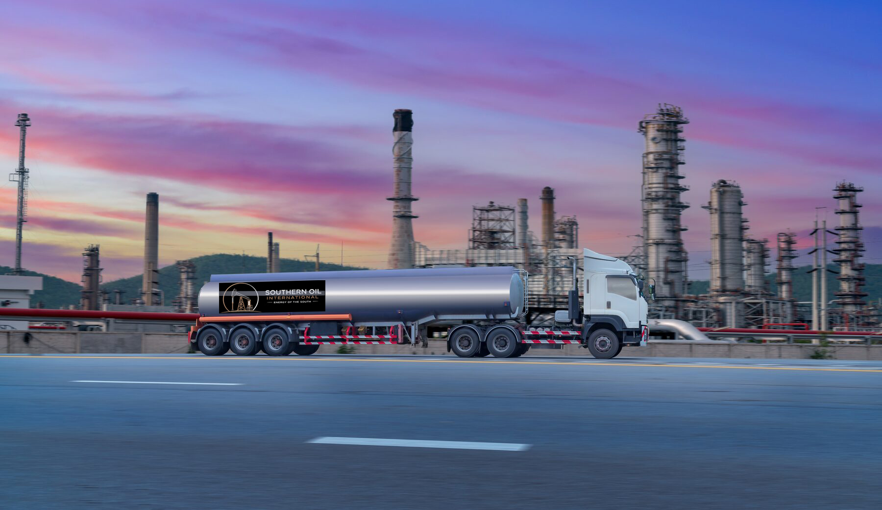 Fuel tanker passing an industrial refinery at dusk